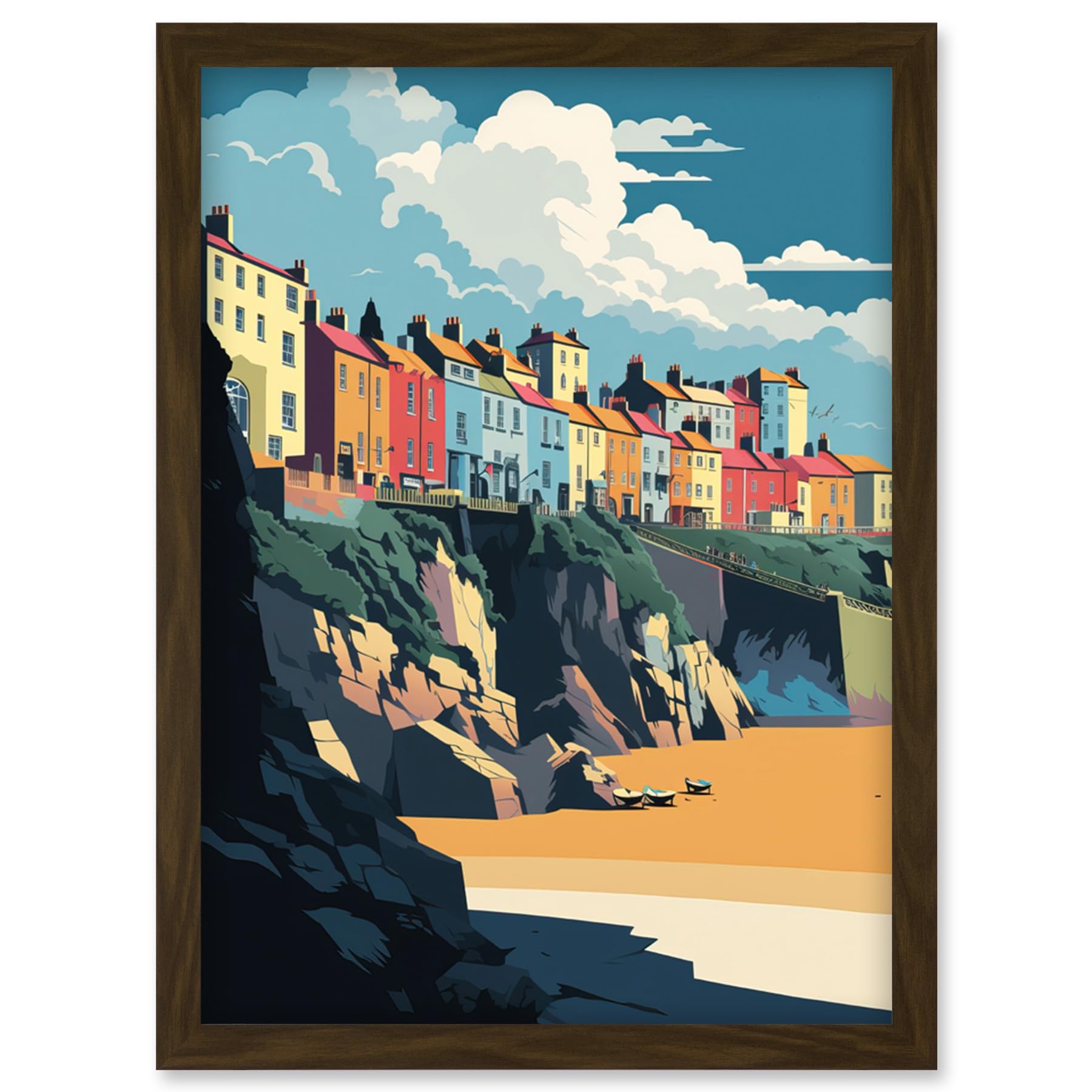 Artery8 Tenby Harbour Beach Coastal Town Illustration Artwork Framed Wall Art Print A4