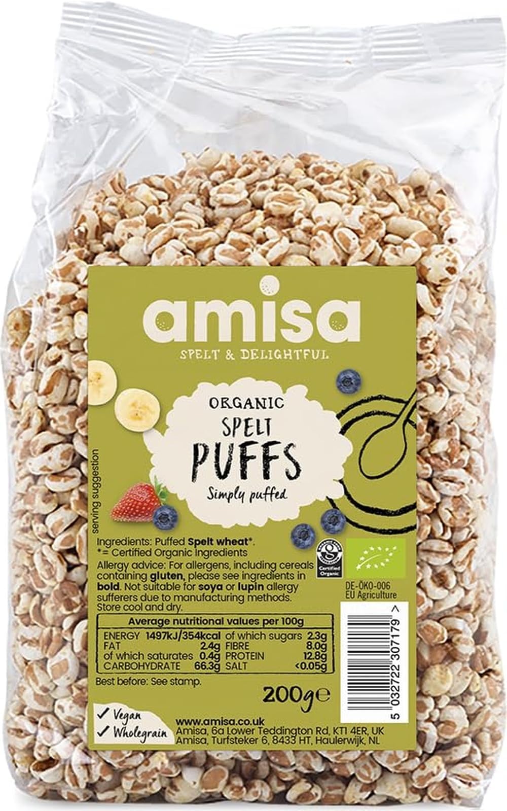 Organic Spelt Puffs, 200g | 100% Organic Puffed Spelt, Light & Crunchy Texture, High in Fibre, Unsweetened Whole Grain Cereal, Vegan Friendly