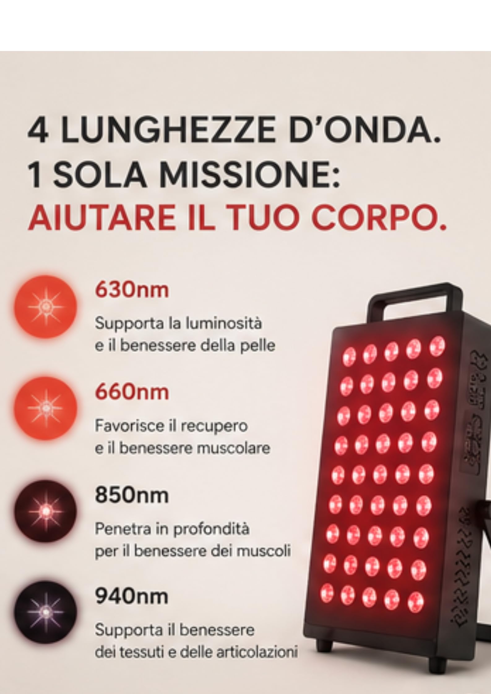 Lampada per terapia a luce rossa, 60 LED con tecnologia a 4 chip, 4 lunghezze d'onda (630 nm, 660 nm, 850 nm, 940 nm), intensità regolabile e timer, lampada a infrarossi per recupero muscolare
