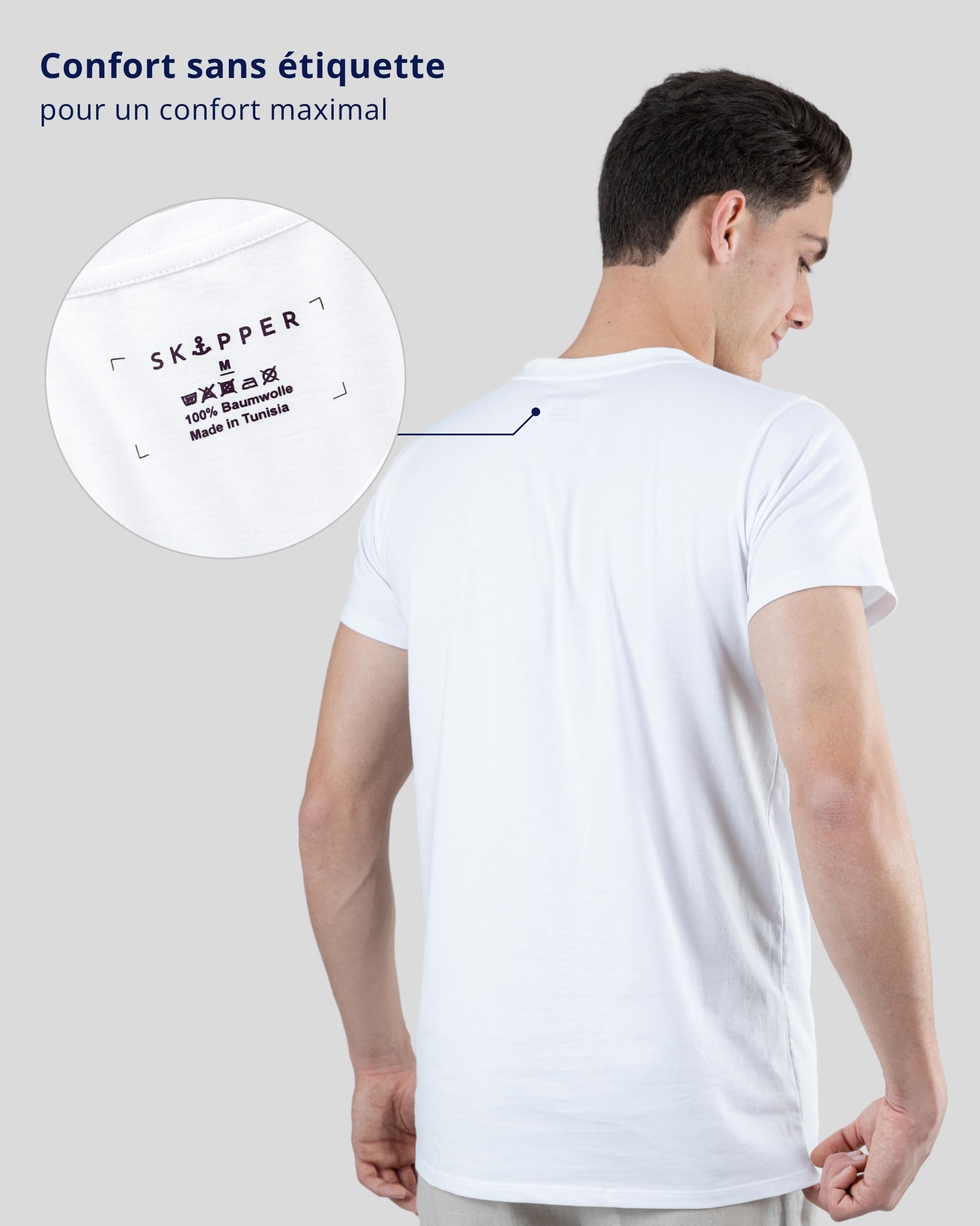 SKIPPER Lot de 3 T Shirt Homme 100% Coton I Maillot de Corps Blanc I Tricot de Corps Col V I sous Chemise Manches Courtes I Label Oeko-TEX®