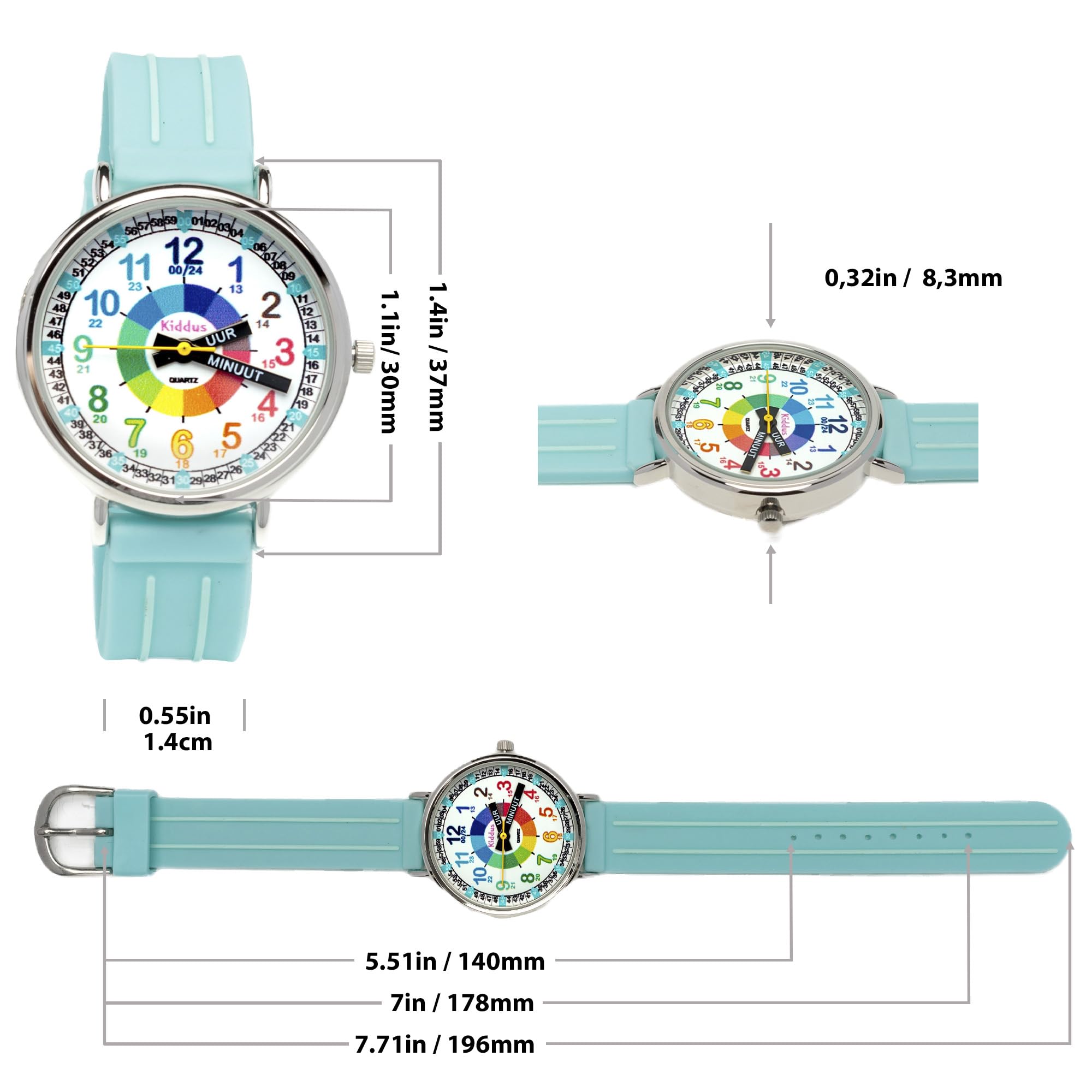 Kiddus Montre Enfant Éducative Analogique, Fille et Garçon Dès 5 Ans | Turquoise, 3ATM uniquement éclaboussures, aiguilles classiques et grands chiffres lisibles