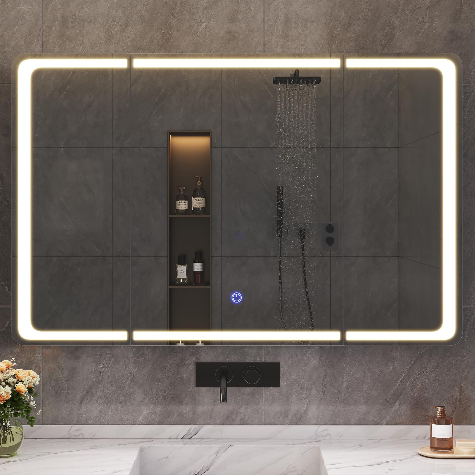 Specchio Bagno Contenitore 90x17x60 cm, Specchiera Bagno, Bianco | Illuminazione a LED a 3 colori, Ripiani Regolabili, Presa Elettrica, Specchio Grande HD Orientabile, Pulsante Touch, 3 Ante