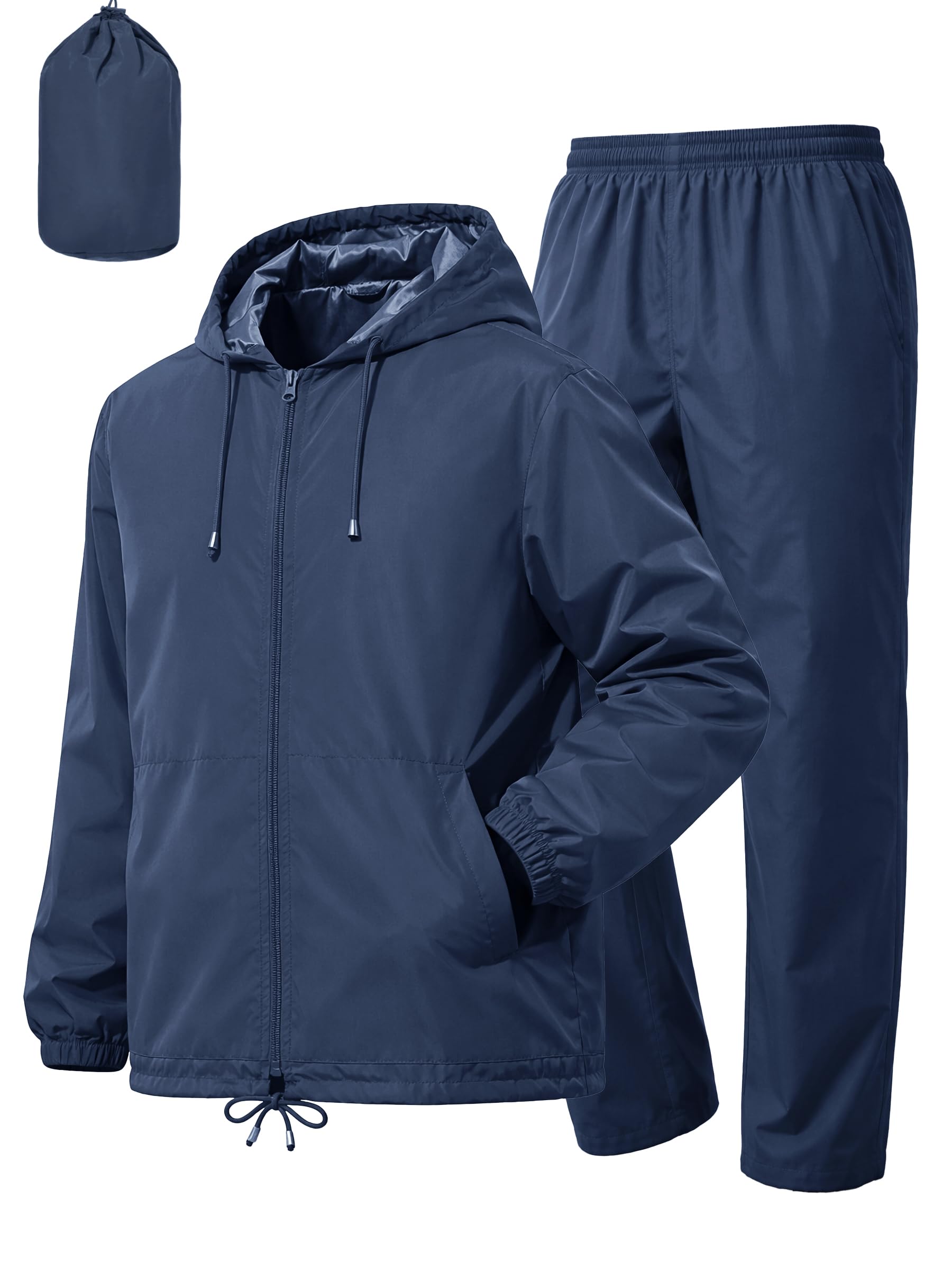 UIQUR Mens Rain Suit Waterproof Rain Jacket with Rain Pants 2 Pieces Lightweight Packable Raincoat with Hood Running Cycling