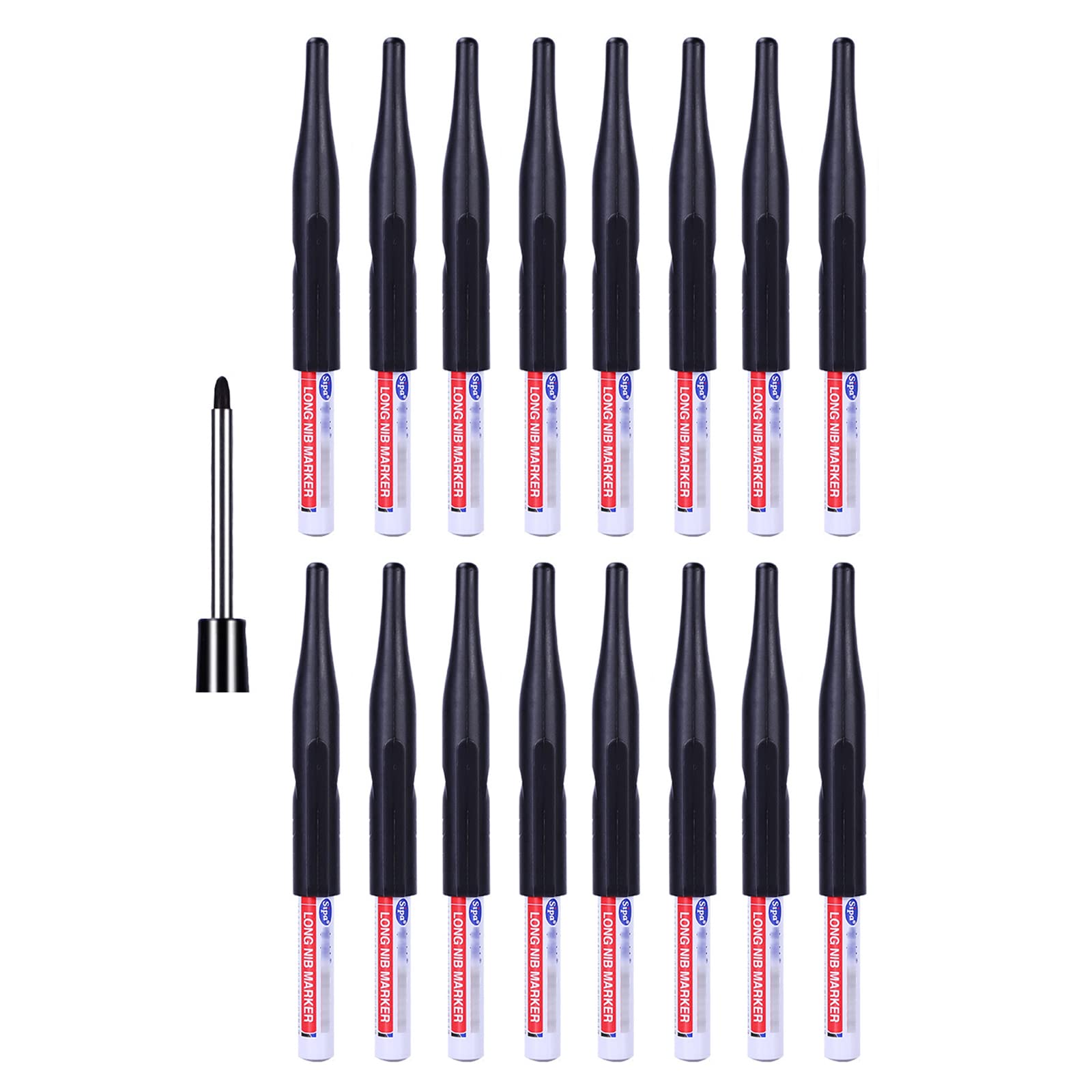TopHomer Deep Hole Marker Pens, Carpenters Pen, 30mm Extra Long Tip Waterproof Permanent Marker Pens for Marking of Hard to Reach Areas 16PCS Black