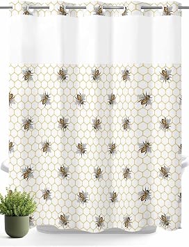 No Hook Shower Curtain with Snap in Liner Set,Pastoral Farm Bee Honeycomb Waterproof Fabric Shower Curtains Rustic Abstract Hexagon Double Layer Bath Curtain for Bathroom,72Wx78L