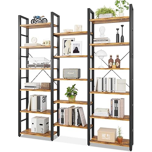 oneinmil Triple Wide 6-Shelf Bookcase Industrial Vintage Wood Style Large Open Bookshelves for Home&Office, Rustic Brown (6 Tier, Rustic Brown)