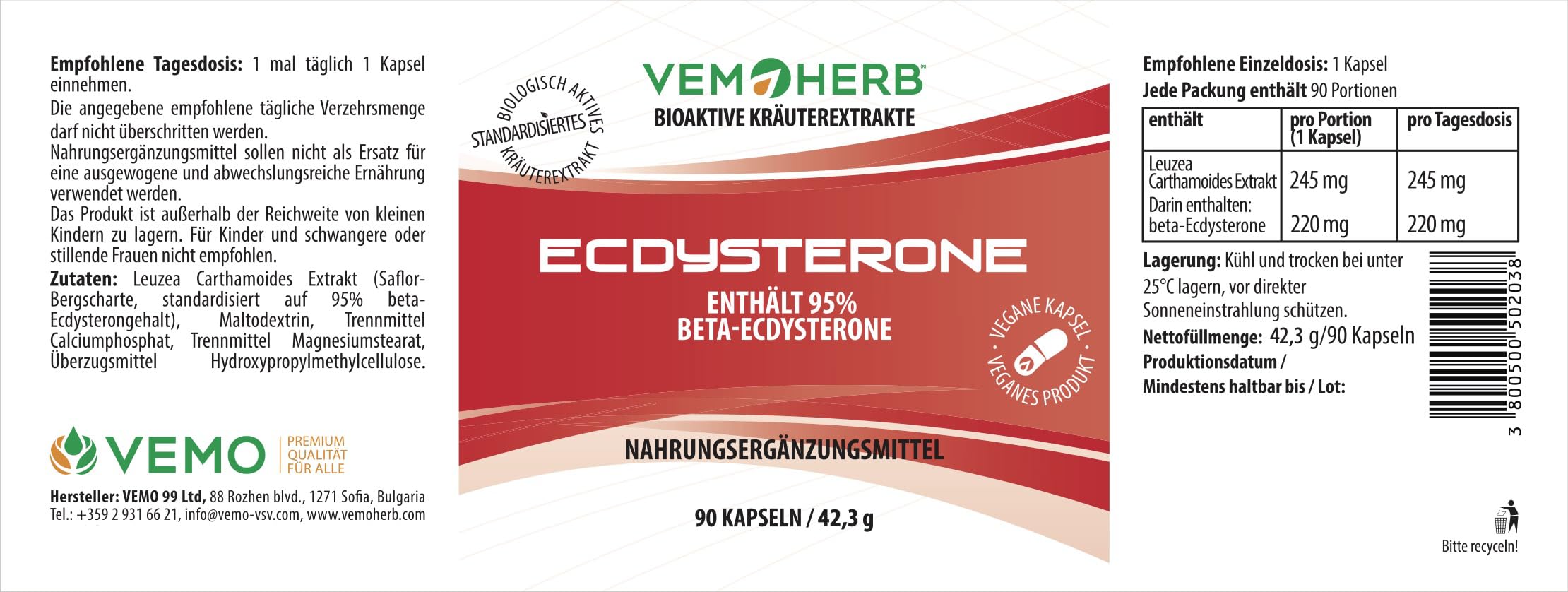 Ecdysterone 95% | 500 mg/Dosis | 100 mg Ecdysteron | Leuzea Extrakt | Maral-Wurzel | Adaptogen | laborgeprüft & vegan | 90 Kapseln