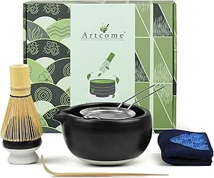 Artcome Matcha Ceremonie Kit voor Japanse theeceremonie, kom met schenktuit en handvat, bamboe garde, matcha theeset voor het maken van Usucha, Koicha en Matcha Latte (5 stuks