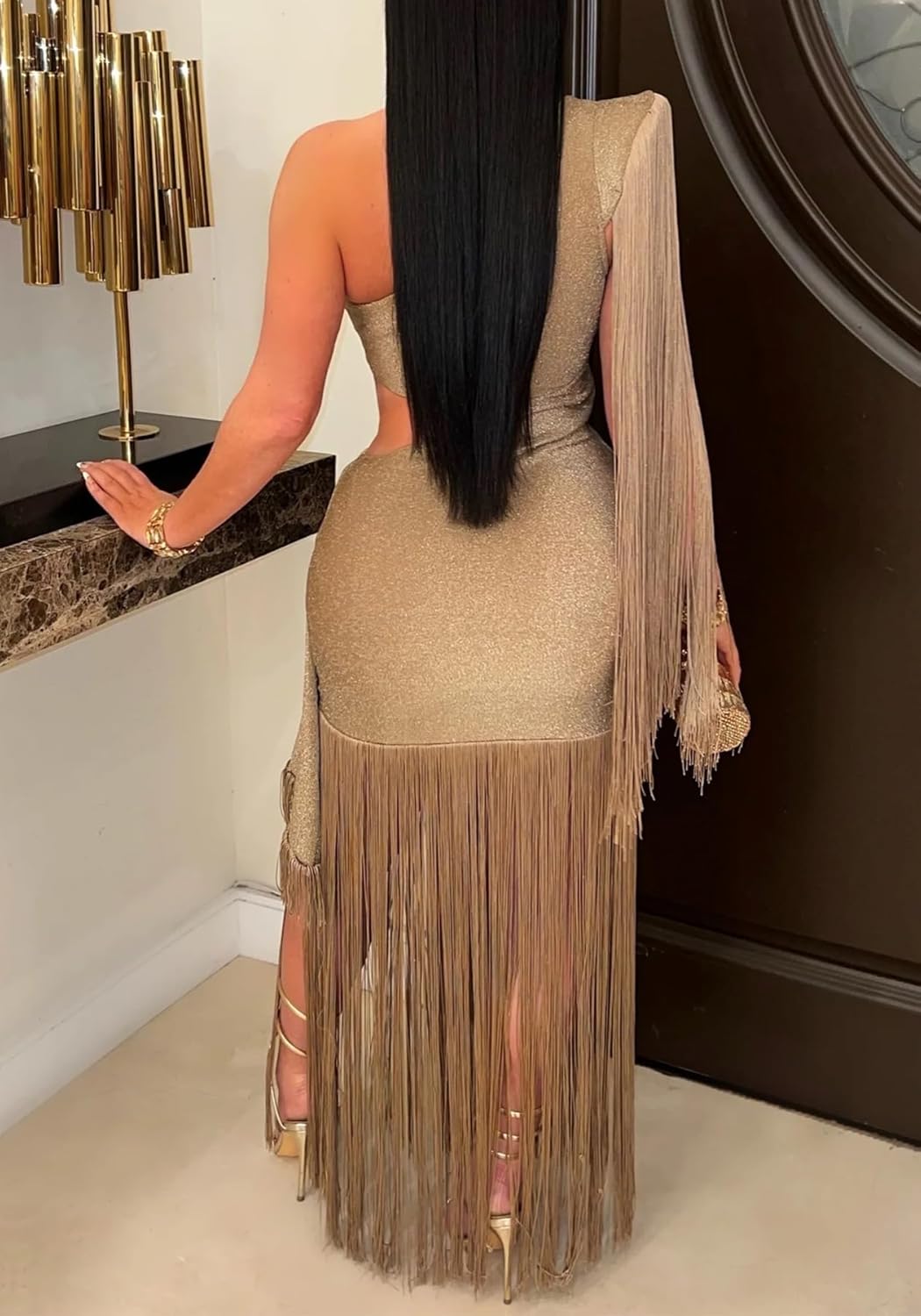 Womens Sexy One Shoulder Fringe Dress Summer Sleeveless Cut Out Tassel Evening Cocktail Party Maxi Dresses - Image 6