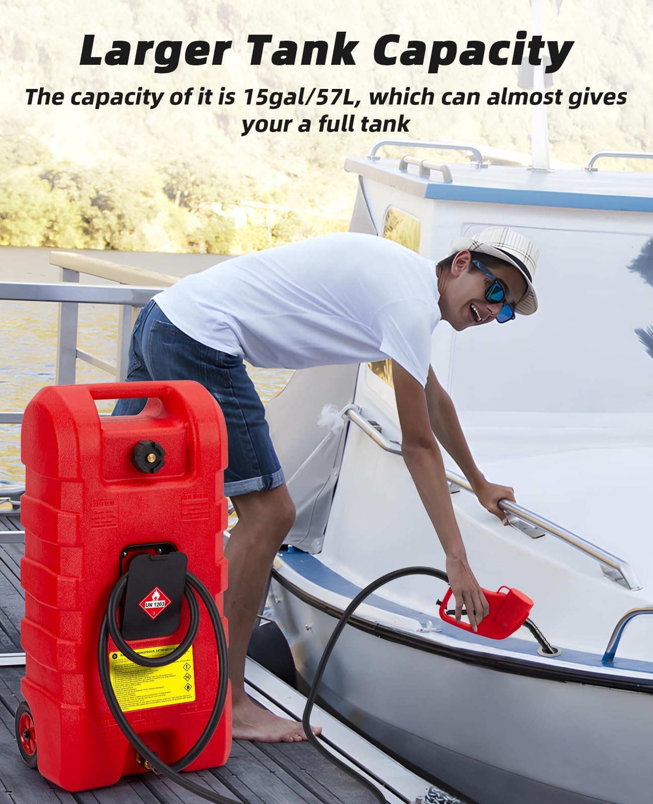 Chariot à carburant 15 gal (57 L) sur roues – Pompe manuelle de transfert, tuyau 3 m (10 ft), réservoir étanche essence/carburant pour auto/bateau/tondeuse/ATV – Rouille