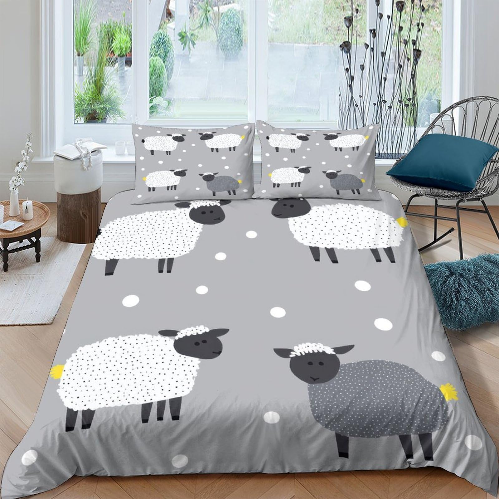 GPLZQXKJNH 3D Printed Sheep Pattern Duvet Cover Set Microfiber Soft Breathable Lamb Bedding Set with 2 Pillowcases for Bedroom Decor Single（135x200cm）