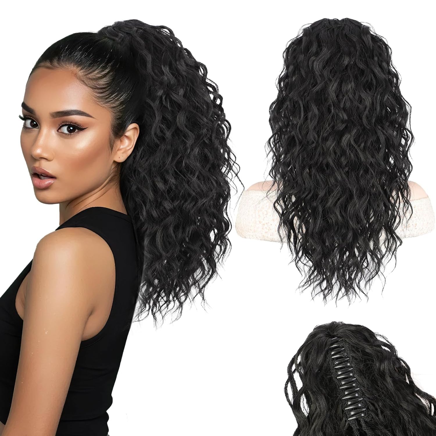 Miss Lirenn® Curly Claw Clip With Drawstring Ponytail Hair Extension, Long Wavy, Black, Synthetic, 16 Inch, 100g, Natural Looking (Black)
