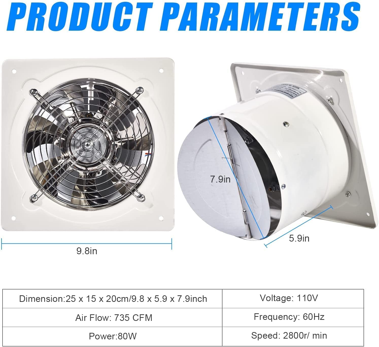 BEVISKkki 8 Inch Exhaust Fan 735CFM Bathroom Exhaust Fan Ceiling and Wall Mounted Extractor Ventilation Fan Blower Small Window Fan for Kitchen Attic Garage Basement Warehouse Workshop Factory 80W without Power Plug