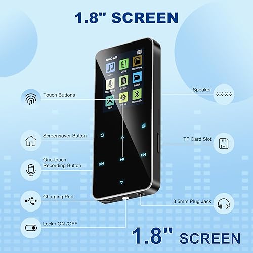 Miniatura 5 de Reproductor de MP3 de 128 GB, reproductor de música Daakro con Bluetooth 5.0 Shuffle, bucle único, radio FM, altavoz HD integrado, grabadora de voz,