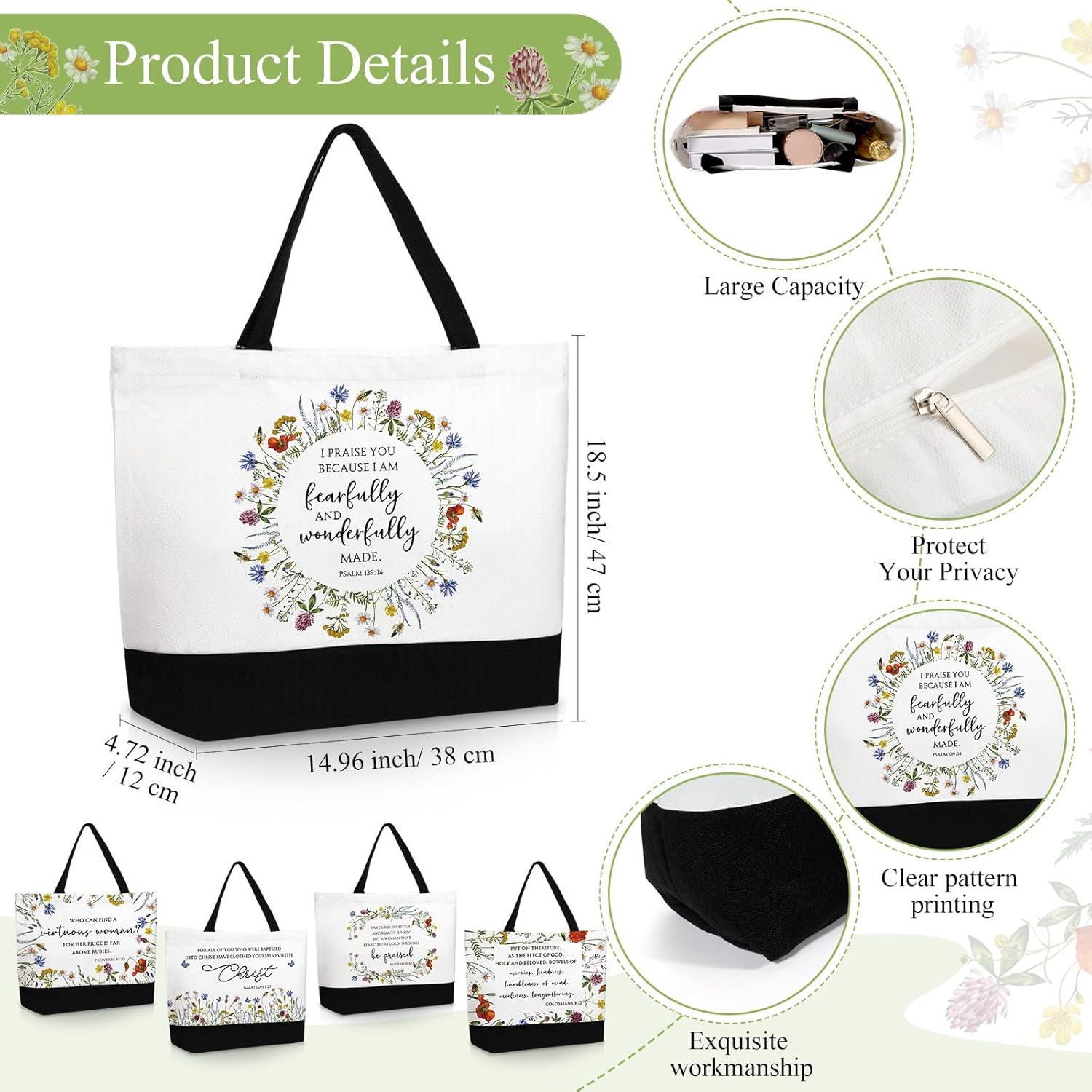 Paterr Christian Tote Bags for Women, Bible Tote Bag and Canvas Makeup Bag Inspirational Gifts for Easter Mother's Day Ladies Sister Birthday Holiday Friendship Gifts