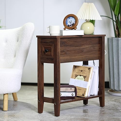 Chairside Narrow End Table, Solid Recliner Side Table with Drawer,
