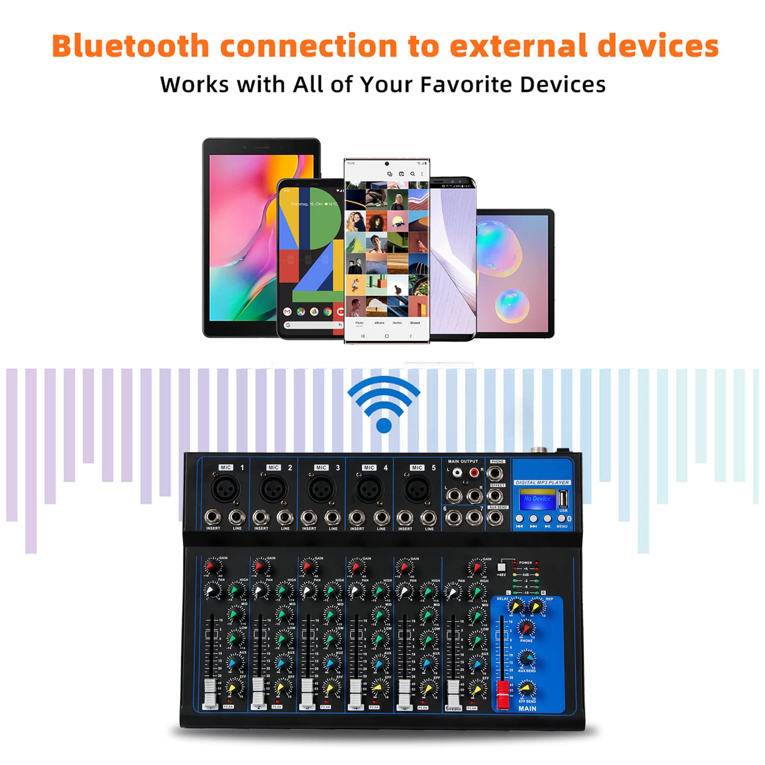 Depusheng HT7 Tragbarer Bluetooth-Audio-Mixer mit USB-DJ-Sound-Mischpult MP3-Buchse 48-V-Stromversorgung für Computeraufnahmen, 7-Kanal-Band-Mischpulte für Studioaufnahmen