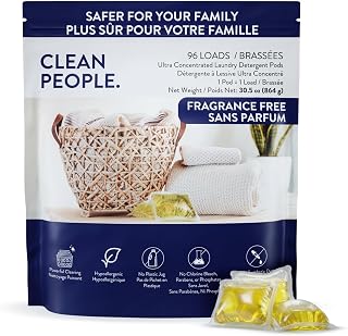 Clean People Laundry Detergent Pods - Plant-Based, Hypoallergenic Laundry Pods - Ultra Concentrated, Plastic Free, Recyclable Packaging, Stain Fighting - Fragrance Free, 96 Pack