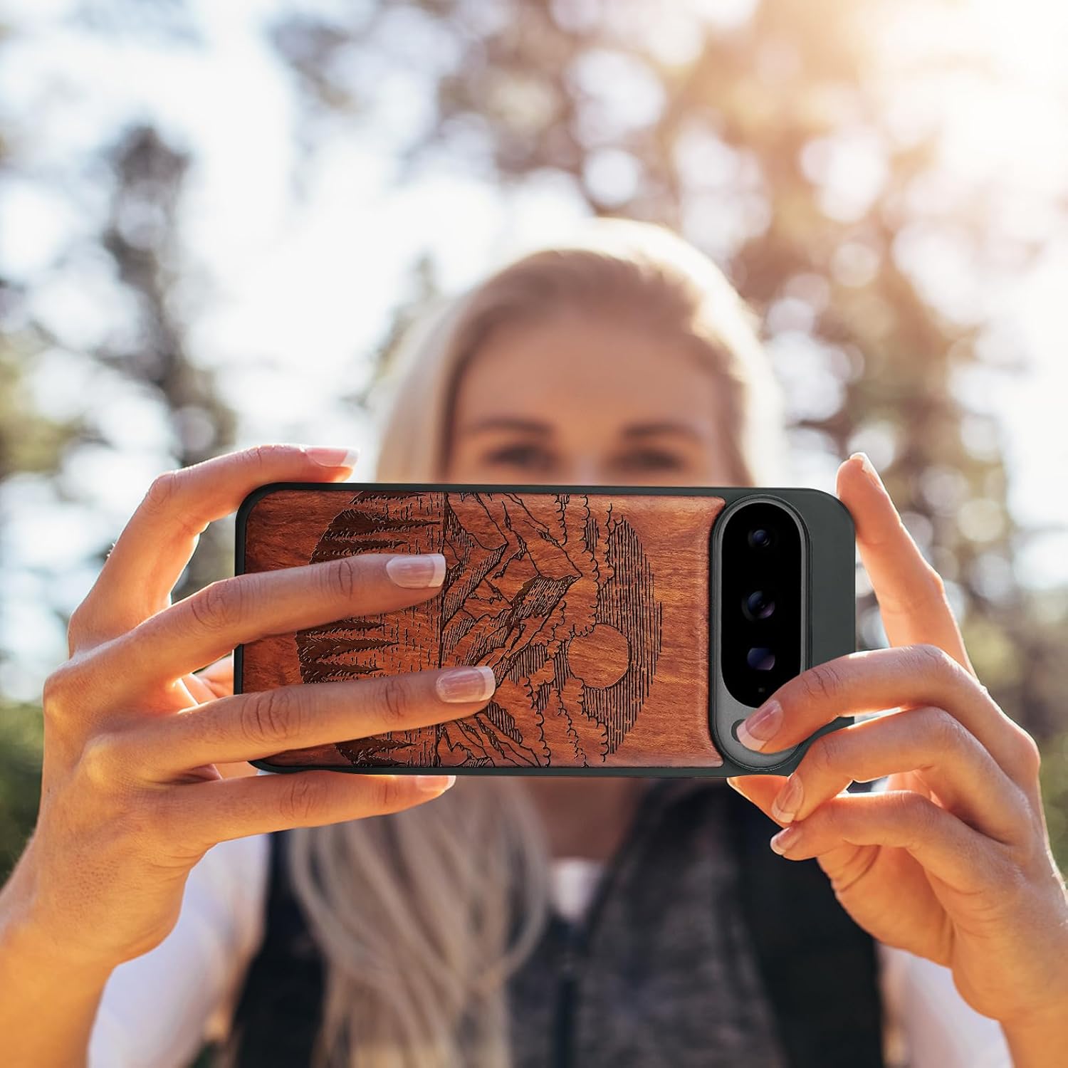 Carveit Magnetic Wooden Case for Google Pixel 10 / Pixel 10 Pro Case, Wood Artisan Engraved & Soft TPU Shockproof Cover, Compatible with MagSafe Wireless Chargers (Alpine Lakes) Rosy