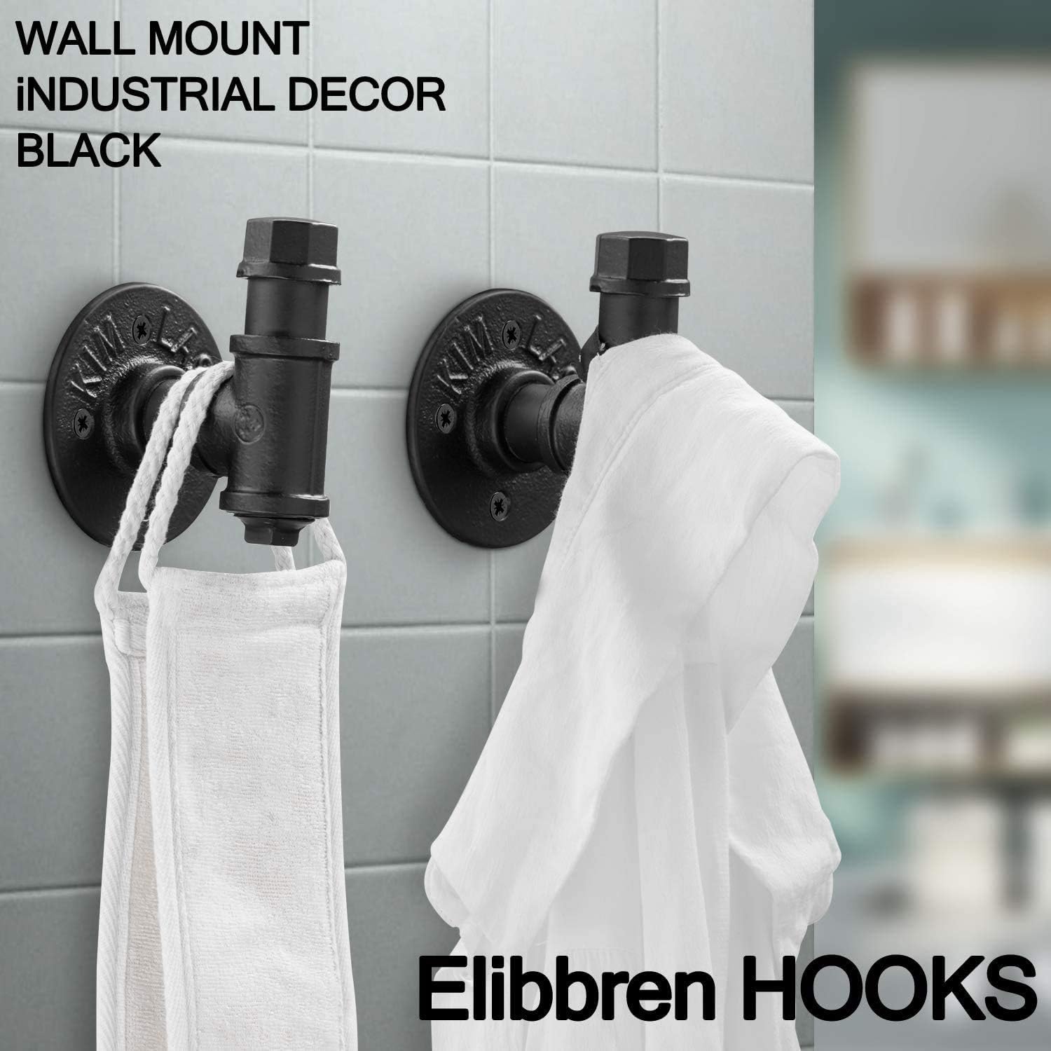 Elibbren 2 Pack Vintage Bathroom Robe and Towel Wall Hooks for Hanging, Rustic Style Industrial Iron Pipe Coat Hook Wall Mounted Heavy Duty Farmhouse DIY, Mounting Hardware Included