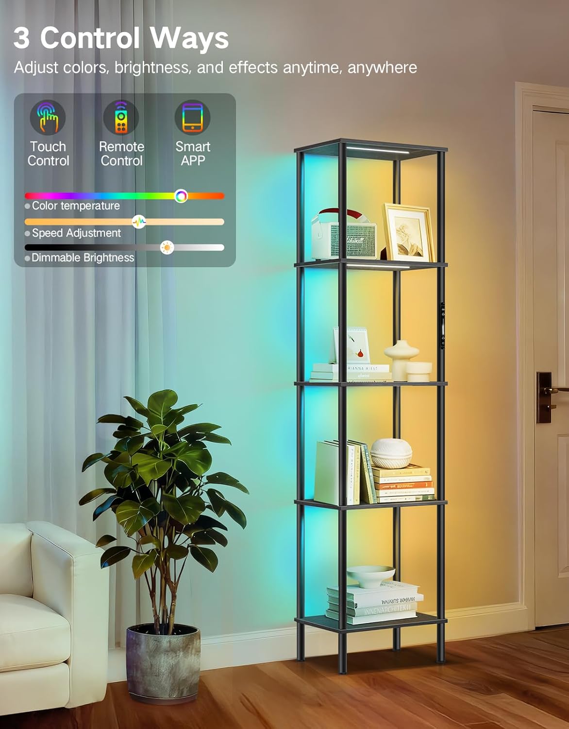 5 Tier Display Shelves with RGB Lights, Display Cabinet with Touch & APP & Remote Control, Dimmable Bookshelf with Music Sync, Adjustable Color Lighting for Living Room, Bedroom(Black)