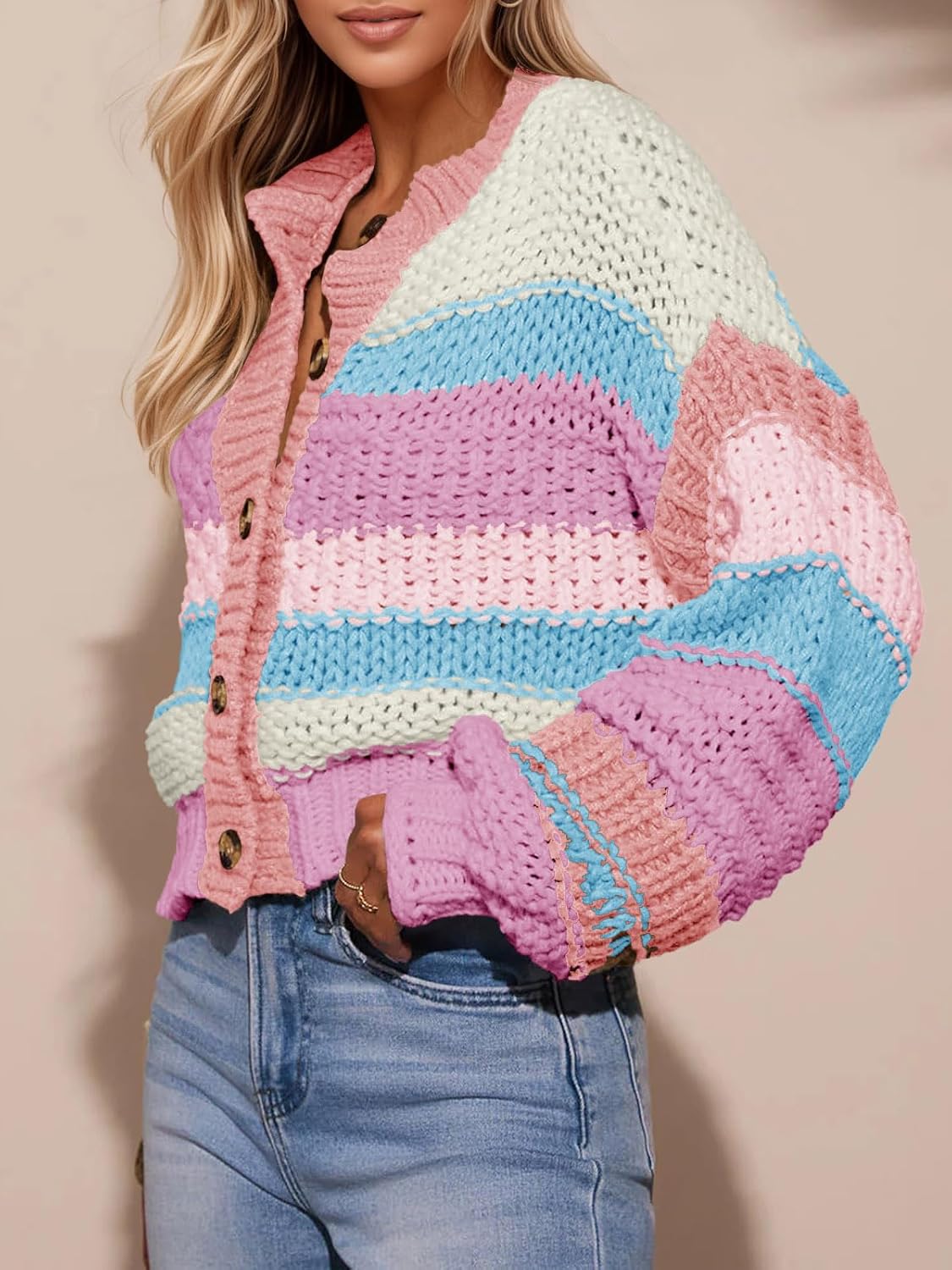 Saodimallsu Womens Striped Chunky Cardigan Sweaters Button Up Fall Trendy Color Block Long Sleeve Knit Sweater Coats - Image 4