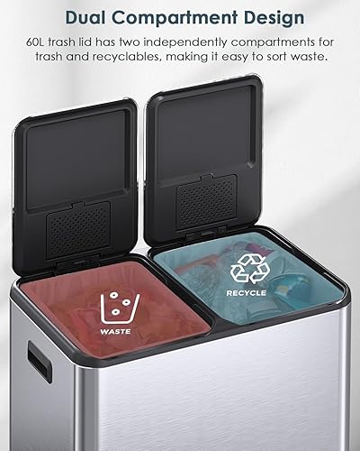 Miniatura 5 de Arlopu Cubo de basura doble de 16 galones con 2 cajas integradas para control de olores, cubo de basura de cocina manos libres, cubo de basura de