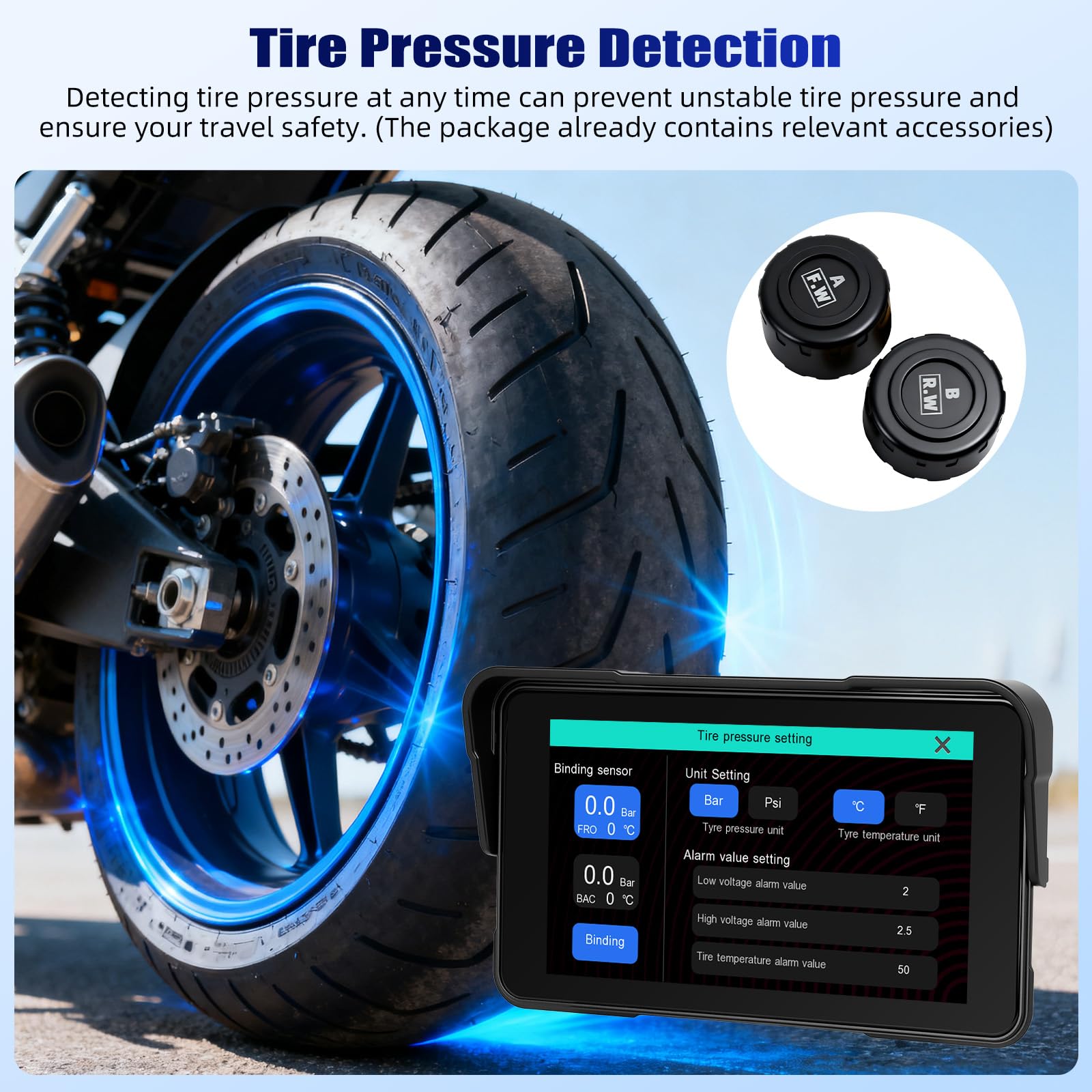 OiLiehu Motorrad GPS Wireless Portable CarPlay und Android Auto, 5 Zoll wasserdichtes Motorrad-Display mit Helligkeitseinstellung, Reifendruckerkennung, abnehmbarer Ständer, Plug and Play