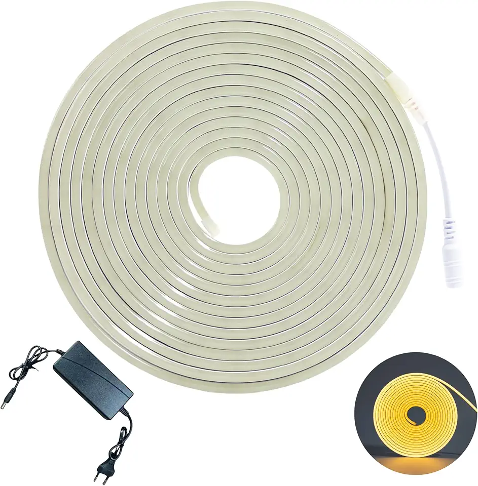Fita Neon Led 5m Adesiva 12v Flexivel à Prova de Agua Impermeavel + Fonte de Alimentação Completa (Branco Quente)
