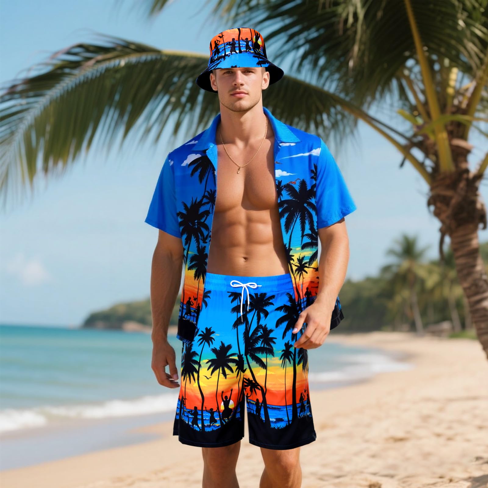 Camicia Hawaiana Set, Camicie Hawaiane Uomo con Pantaloncini Cappello Camicia Uomo Maniche Corte Camicie Estive per Feste Estive Spiaggia