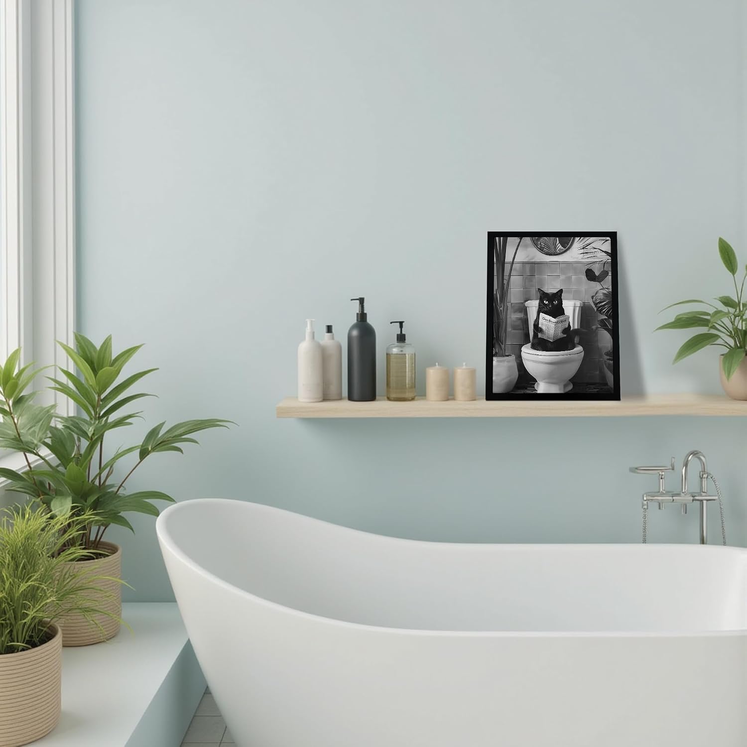 SYWENNOI Framed Black and White Bathroom Canvas Wall Art, Funny Black Cat Sitting on Toilet Reading Newspaper Wall Decor, Farmhouse Humor Animal Art Prints for Restroom Decoration 8x10 Inches