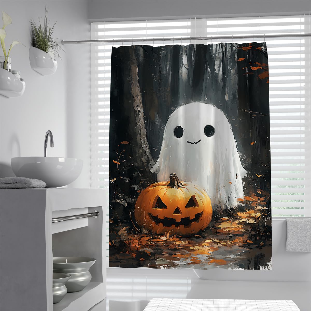 UIRINGART Spooky Happy Halloween Ghost Shower Curtain W120xL180cm Dark Autumn Woods Pumpkin Lantern Pattern Anti Mould Waterproof Bathtub Screens for Wet Room with Hooks
