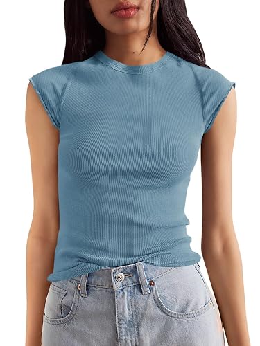 Tankaneo Womens Cap Sleeve Tops Crew Neck Ribbed Knit T
