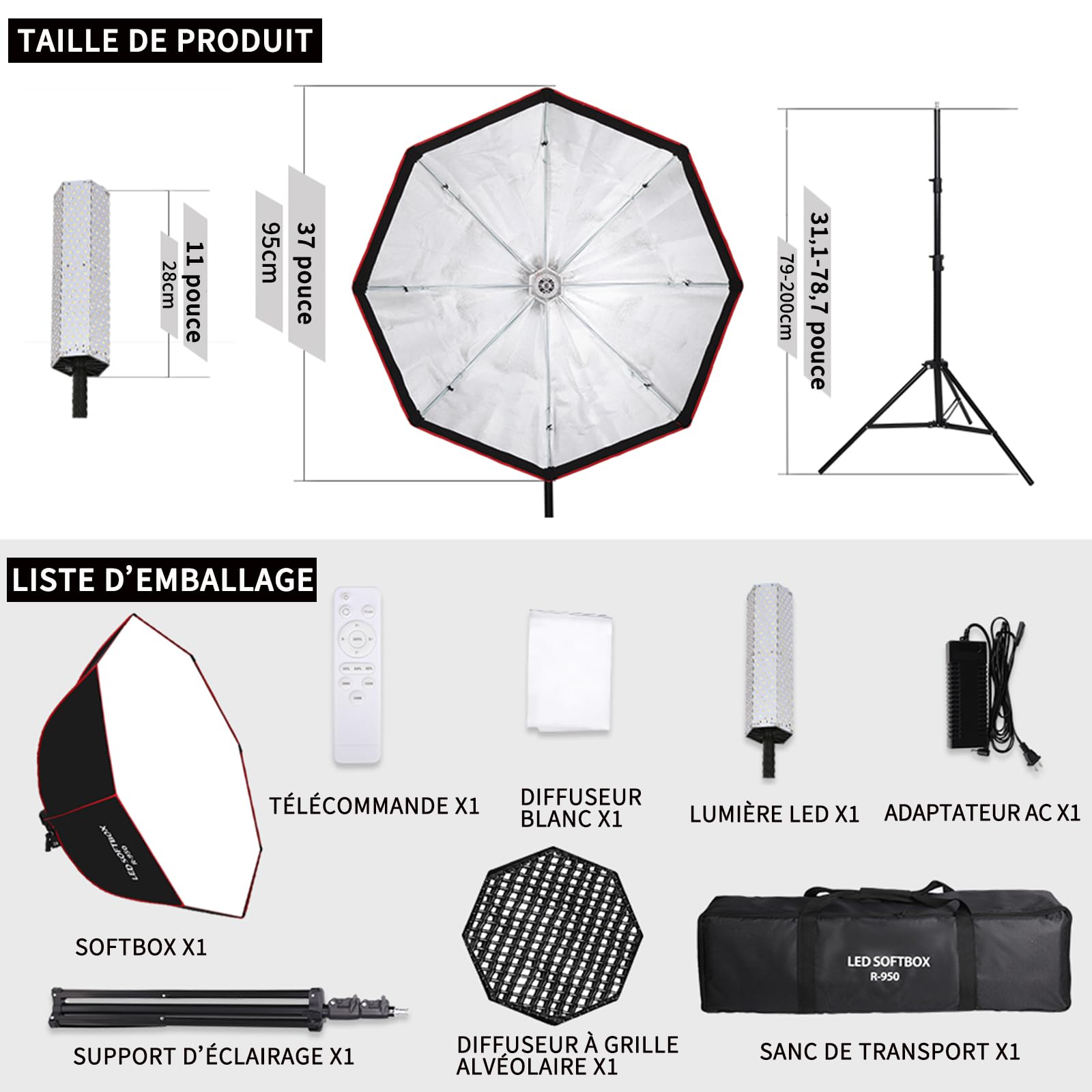 Kit d'éclairage 110 W Boîte à lumière avec Grille Alvéolaire, 95cm