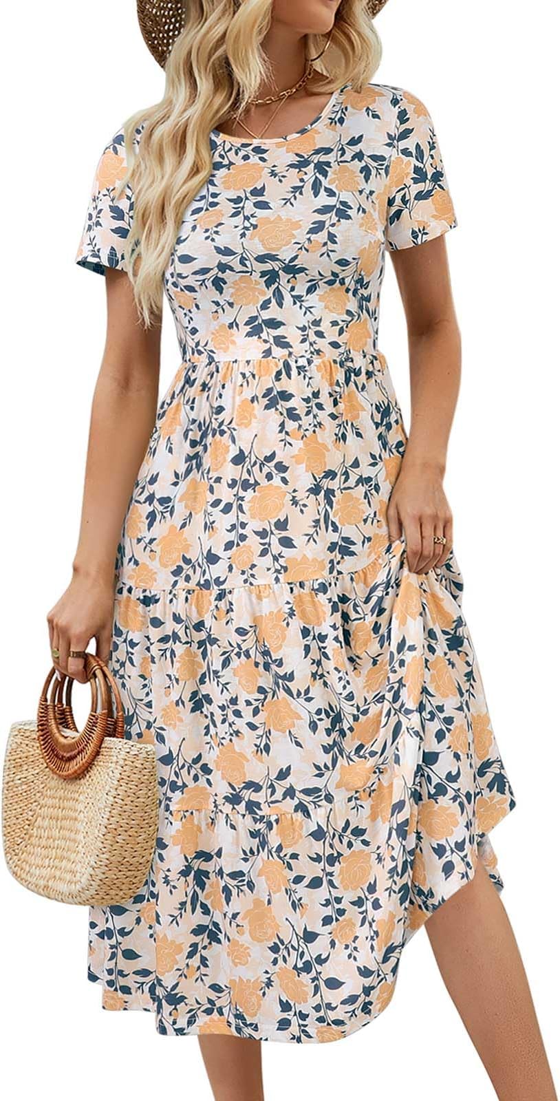 SurepleSpring Round Neck T Shirt Dress for Women Short Sleeve Midi Length,Swing Tiered Bobydoll Dresses with Pockets