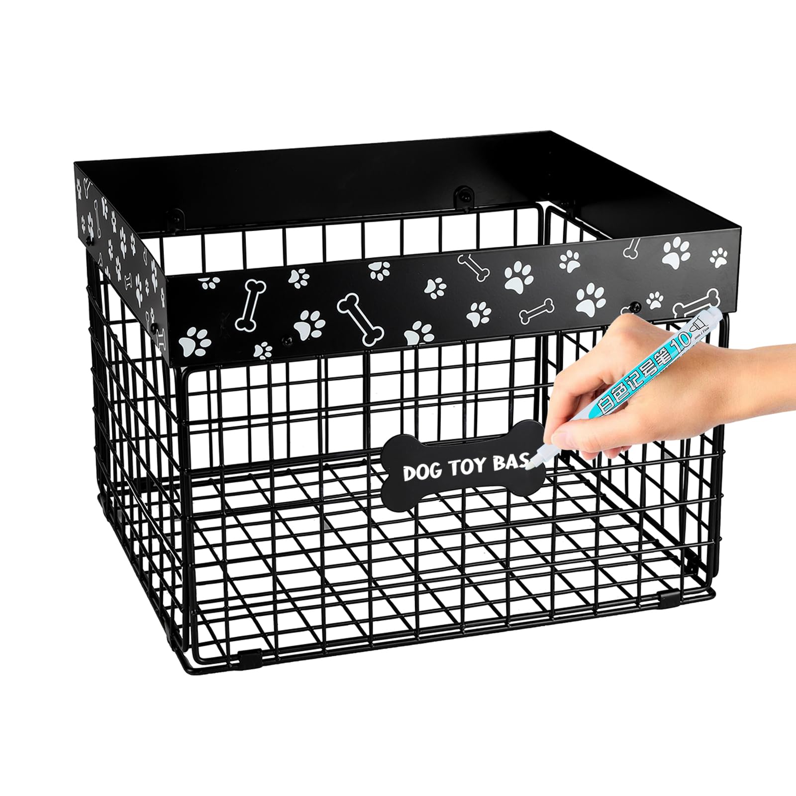 APITOS Indestructible Dog Toy Basket-Large Capacity Dog Toy Box-Metal Pet Toys Organiser-Dogs Food Storage Container for Living Room Area-with Pen,Perfect for Dogs Storage, Blankets, Clothes and Food