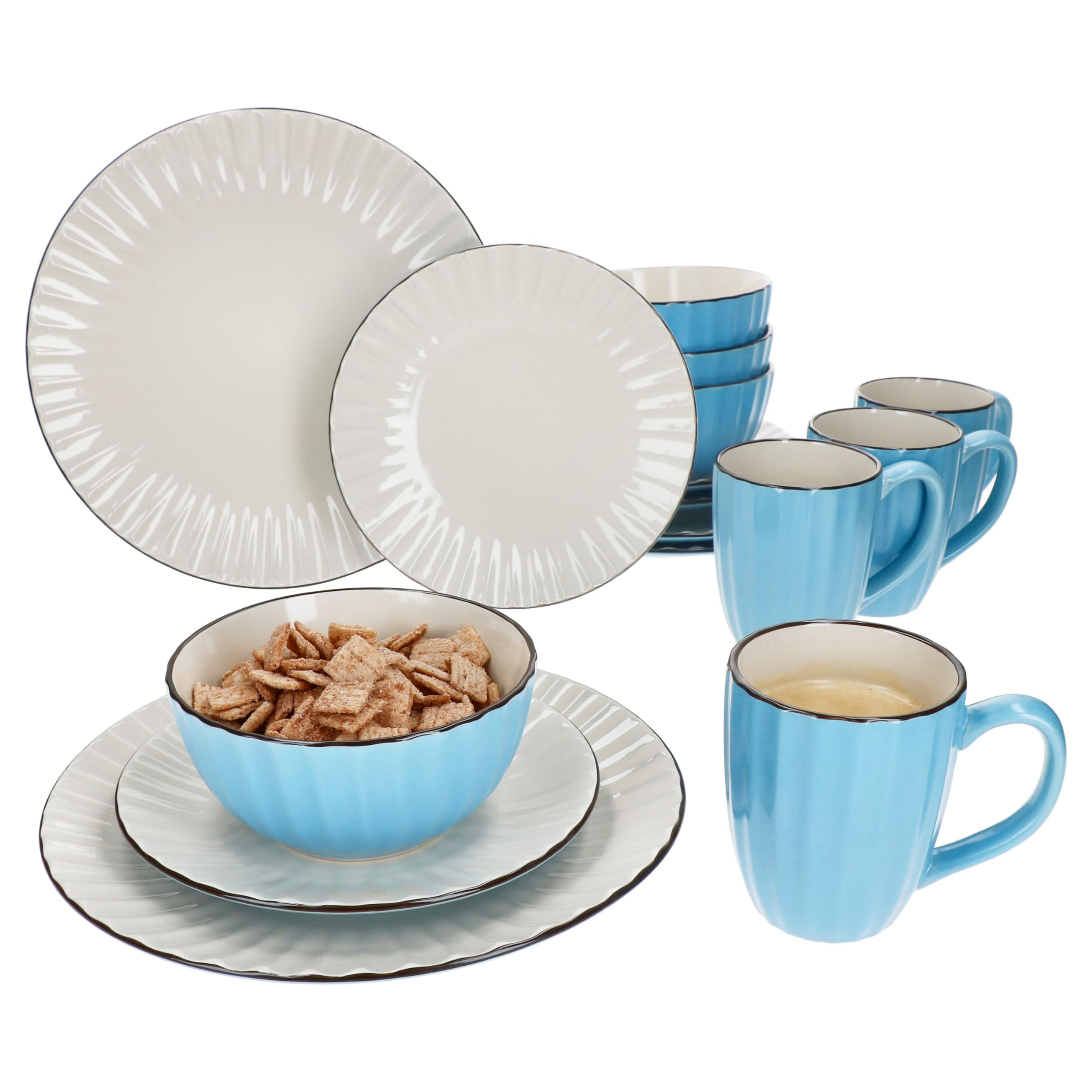 MÄSER OSITA Service de table 16 pièces bleu clair pour 4 personnes I Service de table en faïence bleu et crème avec 4 tasses à café de 300 ml, bols de 450 ml, assiettes à gâteau et assiettes plates I