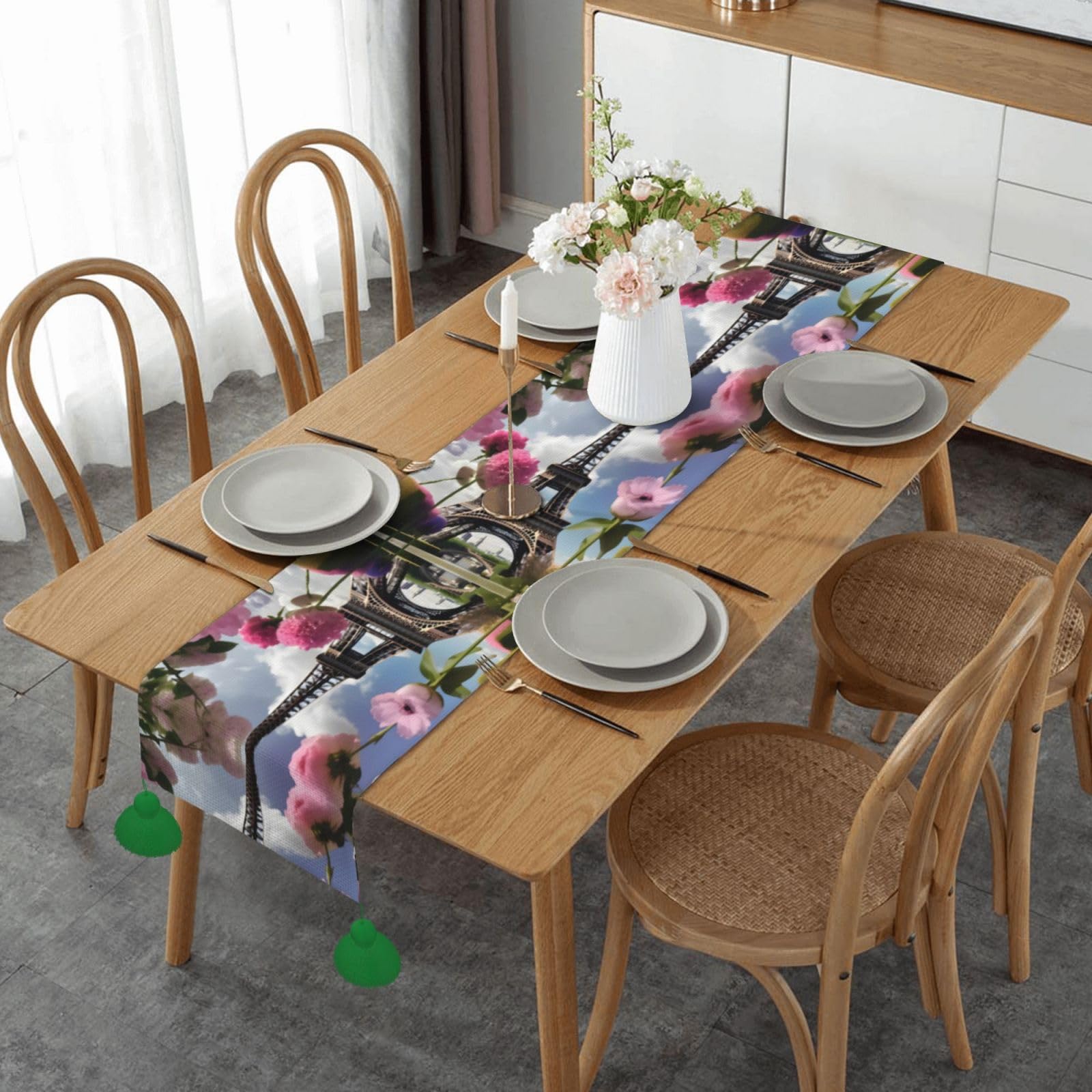 Chemin de table rustique en tissu imprimé Tour Eiffel à fleurs chic