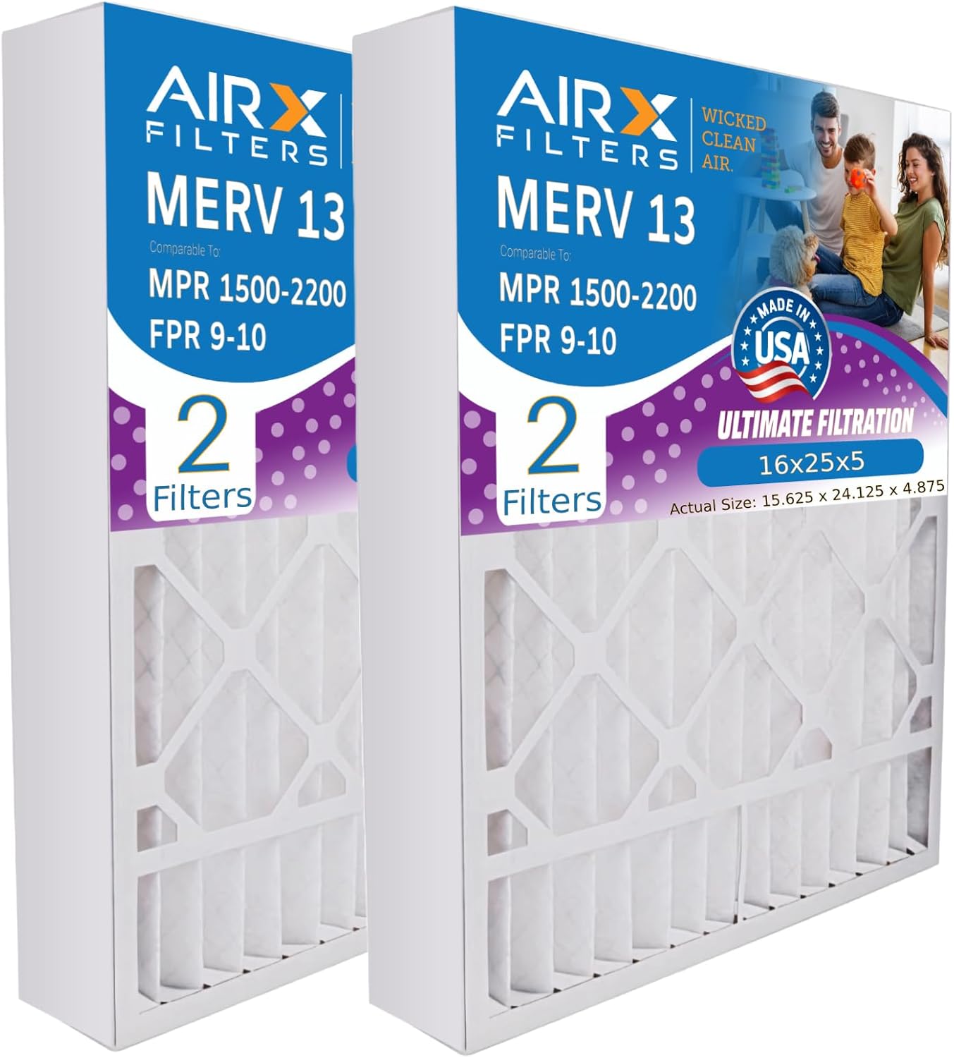 AIRX FILTERS WICKED CLEAN AIR. 16x25x5 Air Filter MERV 13 Compatible with Skuttle #000-0448-001 DB-25-16 Furnace Filter 2 Pack