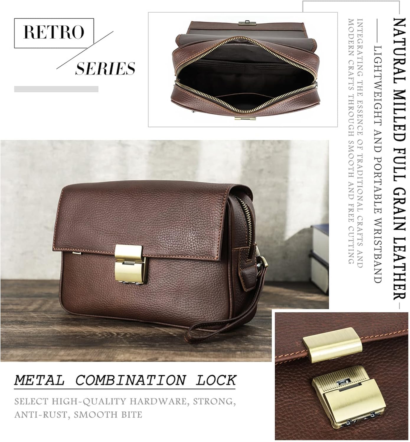 Brown Men's Wallet Retro PU Storage Package Anti -Theft Password Lock with Wristband Handbag for Storage Cell Phone Tablet Credit Card ID Card Postcard