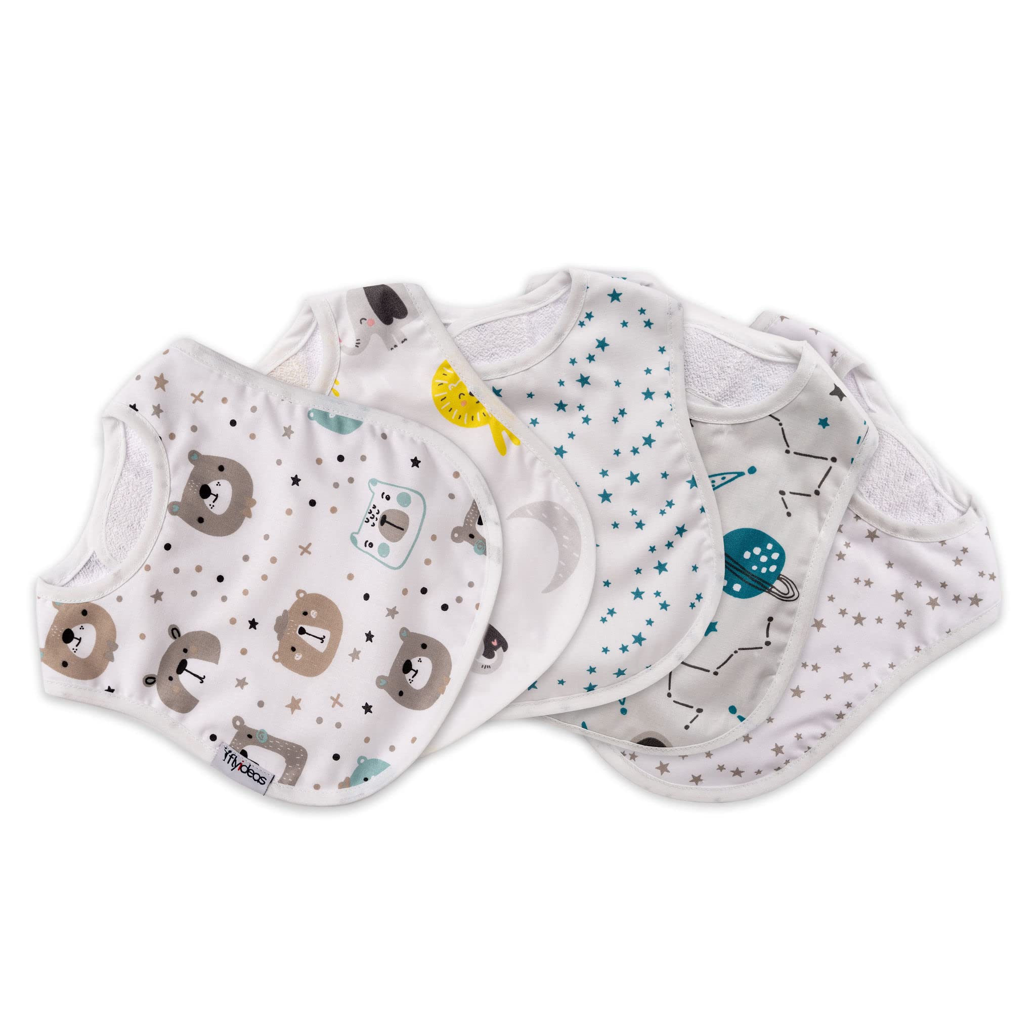 FlyIdeas Set Bavaglini Neonato Impermeabili 5 Pezzi - Bavette Pappa Svezzamento in Cotone Doppio Strato Idrorepellente, Idea Regalo per Neonati e Allattamento