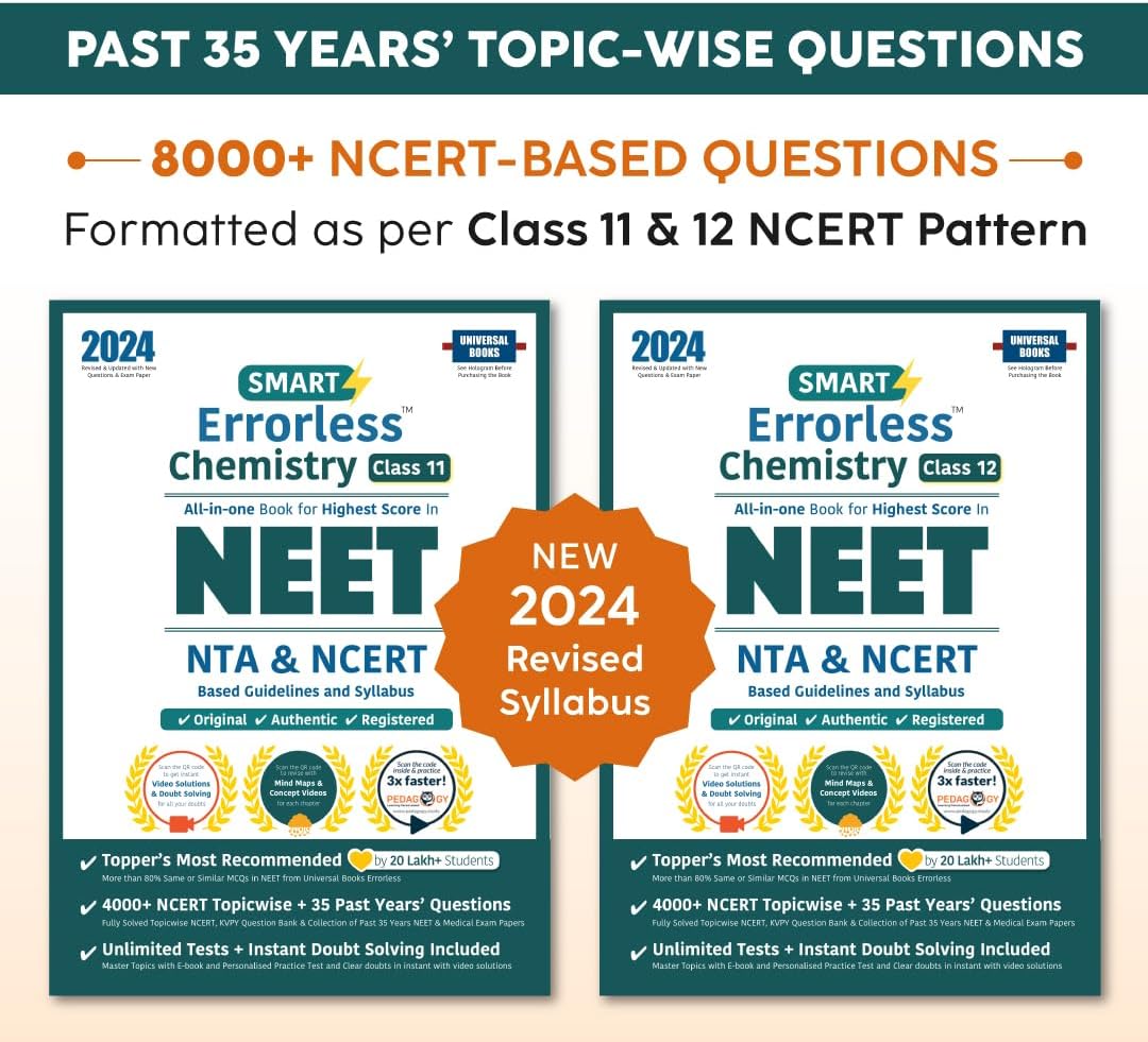 Smart Errorless Chemistry NEET Class 11 & 12 (2024) - NCERT Based | 8000+ NCERT & New Pattern Questions | 35 Past Years Papers | Free E-Book, Mind-maps & App