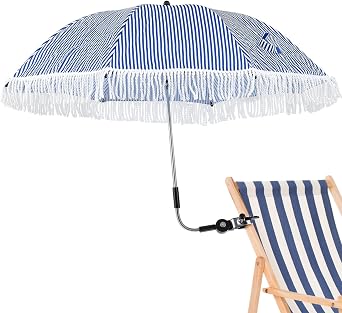Eccliy Chair Umbrella with Clamp 360  Adjustable UPF 50+ 41.34" Blue and White Stripe Beach Umbrella with Fringe Tassel for Beach Outdoor Patio Camping Golf Cart Chair Not Included