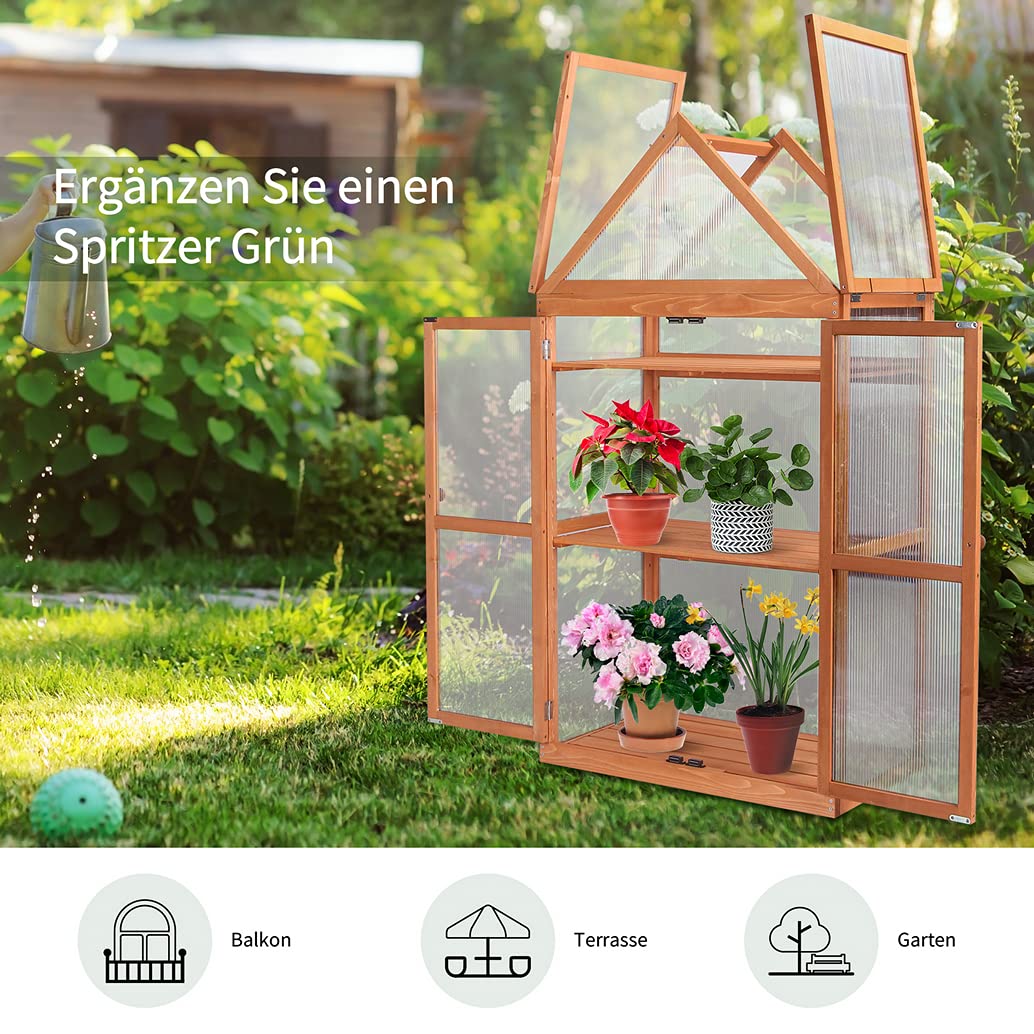 MCombo Serra a 3 Livelli, Piantana per Piante e Pomodori, Serra da Giardino, Altezza Regolabile, Apribile, 0800, in Legno e Policarbonato