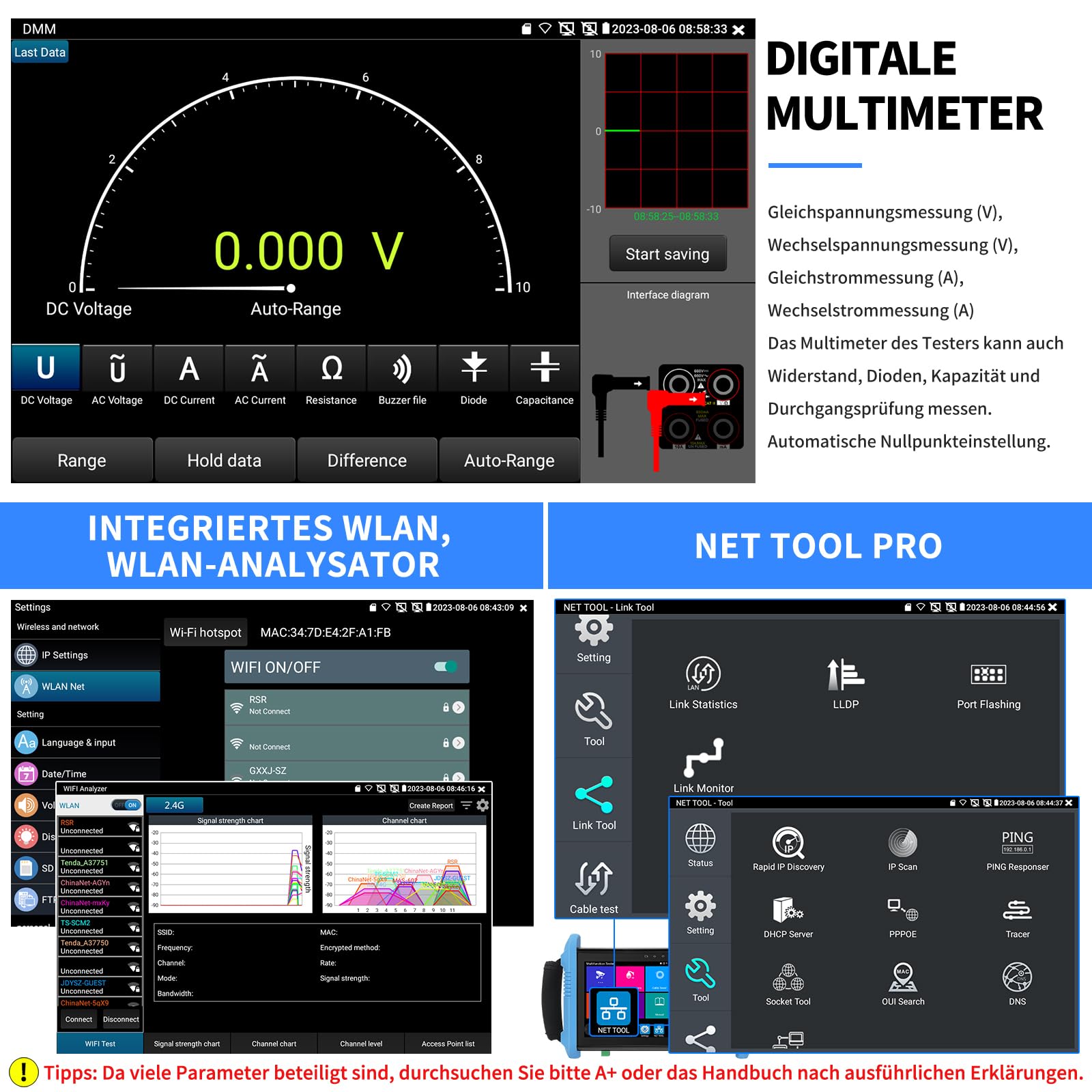 Henkion IP Kamera Tester IPC-9800CMADHS Pro CCTV-Kameratester 7-Zoll-IPS-Touchscreen-Monitor CCTV Tester 8K IPC Tester und 4K 8MP TVI CVI AHD SDI Kameratest Multimeter Kabeltes POE HDMI VGA 1CH SFP