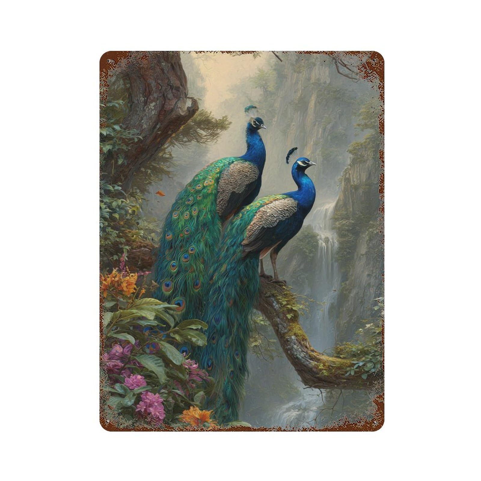 Rusty Metal Tin Sign Peacock Paradise Landscape 15.7"x11.8", Rustic Home Decor for Shed, Workshop And Garage Wall Decor