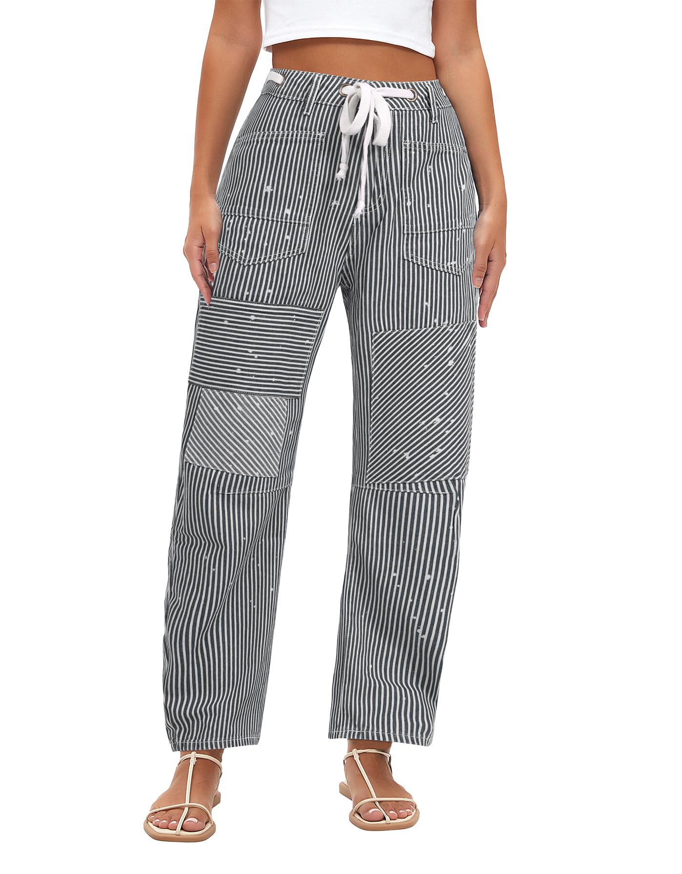 Kedera Women Striped Barrel Jeans Casual Loose Denim Jeans Wide Leg Baggy Pants Mid Waist Boyfriend Jeans Y2k