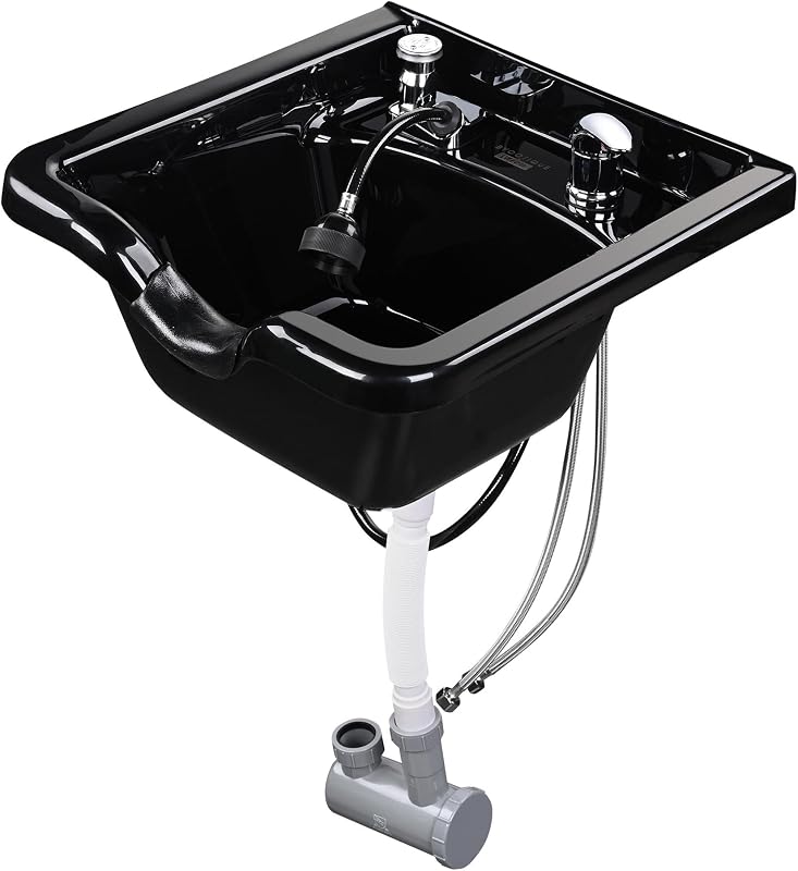 BYOOTIQUE Fregadero de salón para champú con reposacabezas de gel, disyuntor de vacío CUPC | Montado en la pared cuadrado negro, estación de lavabo para lavado de cabello, cuenco de champú portátil, con trampa para el cabello, hogar de ancianos de barbería