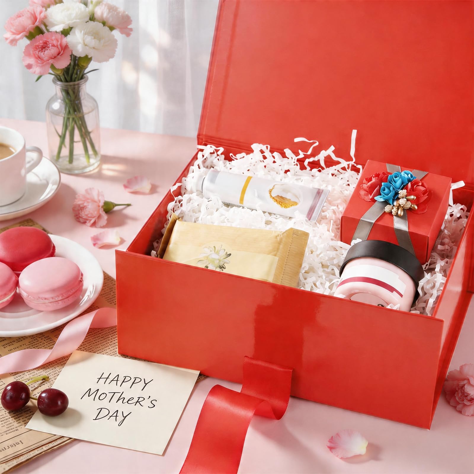 HAPPY POTATO 5 cajas de regalo con cinta de 9.5 x 7 x 4 pulgadas, cajas de regalo rojas navideñas con tapas, cajas de regalo plegables, cajas de regalo con cierre magnético para todas las ocasiones