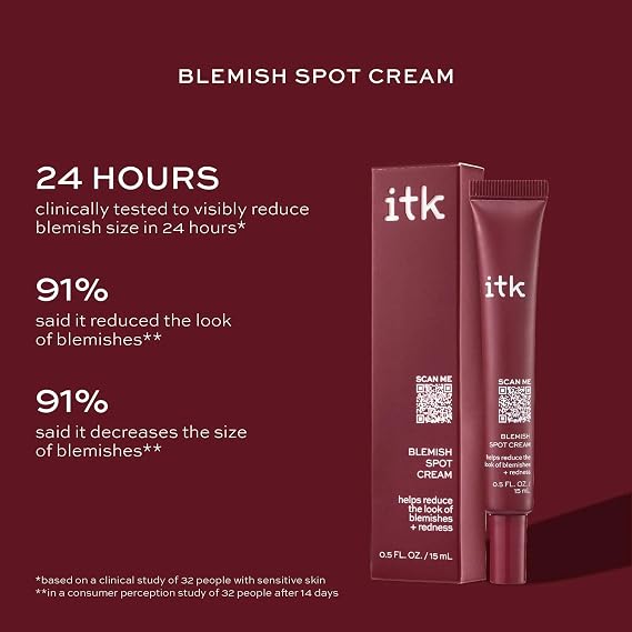 ITK Skincare Salicylic Acid Acne Spot Treatment for Face, Back & Body - Fast Active Acne Relief - Pimple Cream for Acne Prone Skin - Clear Blemishes Fast with Tea Tree Oil - 0.5oz